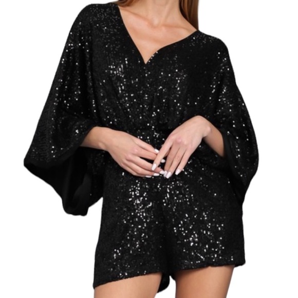Black Sequined Dolman Sleeve Romper - Picture 16 of 16